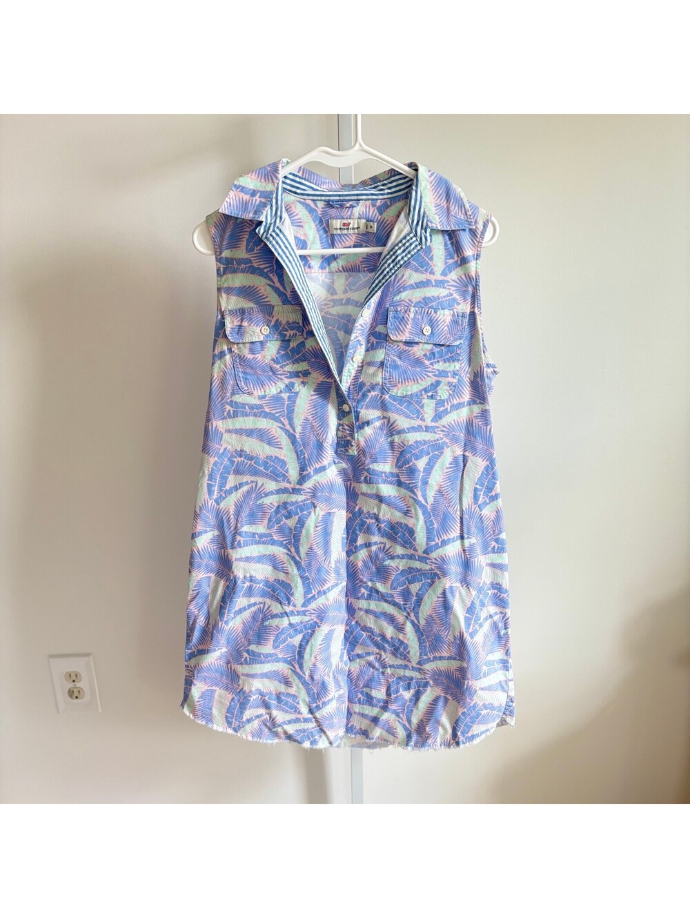 vineyard vines EUC Women's Mini Dress Blue Pink Palm Leaf Tropical Collared 10